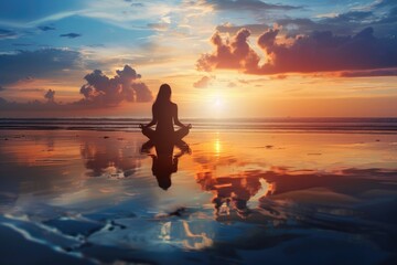 Woman meditating in lotus position on the beach, embracing the rejuvenating effects of sauna therapy and natural elements for relaxation and well-being.